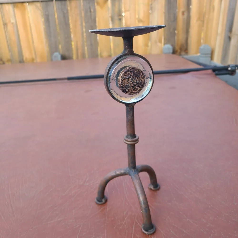 wrought iron candle holder rustic finish unique glass accent
